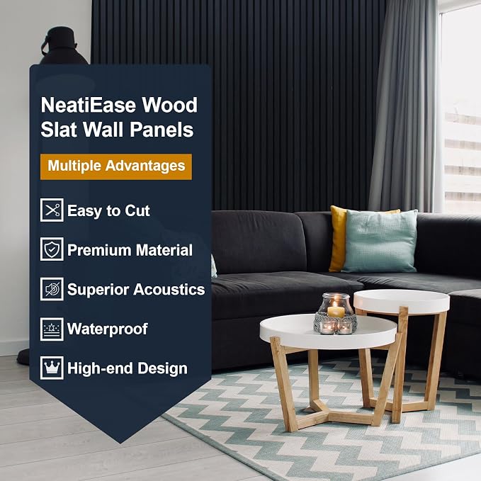 NeatiEase Wood Panels for Wall, 4-Piece 120" x 12.6" Soundproof Wood Slat Wall Panel for Interior Wall Decor Noise Cancelling, Acoustic Wall Panels, Sound Absorbing Panel (Black)