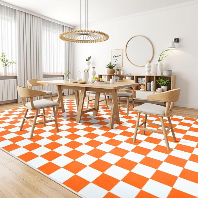 Terrug Orange and White Checkered Rug for Living Room,5x7 Area Rugs Washable with Non Slip for Bedroom,Soft Low Pile Stain Resistance Retro Carpet for Dorm Kids Room
