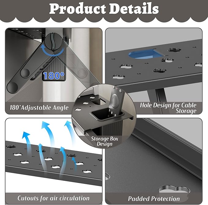 Steel TV Top Shelf - Adjustable Monitor Shelf Floating Stand with 2 Storage Boxes, Computer Screen Mounted Storage Bracket for Soundbar Router Cable Box Game Console Remote (36.65 x 4.33 Inch)