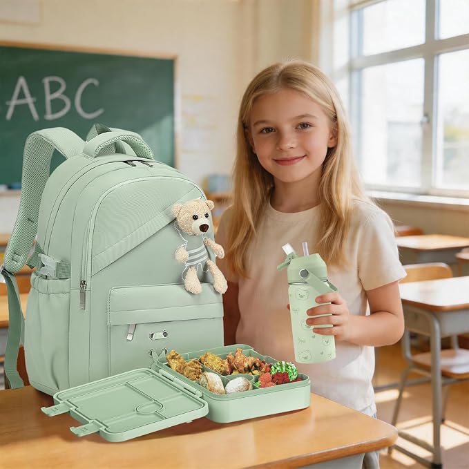 ACESAK Girls Backpack for School Set - 5 PCS Cute Girls Backpack with Lunch Box, Pencil Case, Bento Box & Insulated Water Bottle - Kawaii Casual Kids Bookbag Set Back to School Supplies (Green)