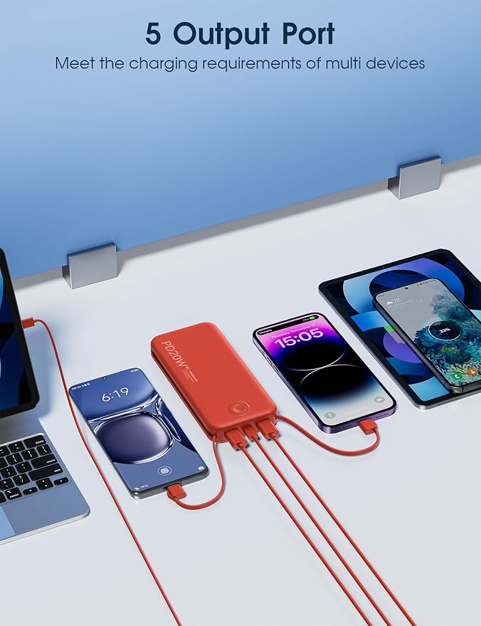 Nusyddy Portable Charger 10000mAh PD20W w/Built-in Cables & Wall Plug Red | PD20W Fast Charging, Battery Indicator, Pass Through Charging, TSA Approved, Compact/Slim, Power Bank for iPhone/iPad/Samsung