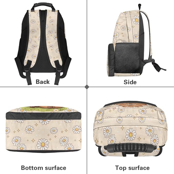 Capyabara Backpack for Girls 7-10, 4PCS School Backpack Set with Lunch Box, Pencil Case & Water Bottle Sleeve, Daisy Flower 17 Inch Book Bag for Elementary Back to School