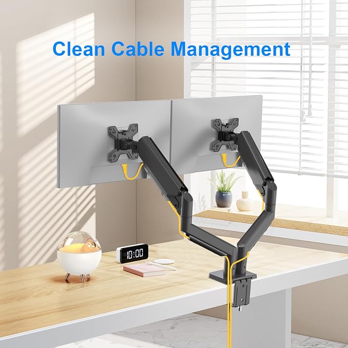 Dual Gas Spring Monitor Arm for 13-32 Inch Monitors, Desk Mount | Supports 19.8 lbs/Arm | Smooth Gas Spring | Full Motion | C-Clamp & Grommet | Cable Management | VESA 75×75/100×100 mm