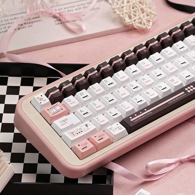 PBT Keycaps, Cute Keycaps 60 65 75 100 Percent, Dye Sublimation Custom Key caps, Pink White Brown 145 Keys Set, Cherry Profile Aesthetic Keycap Set for Cherry Gateron MX Switche Keyboard