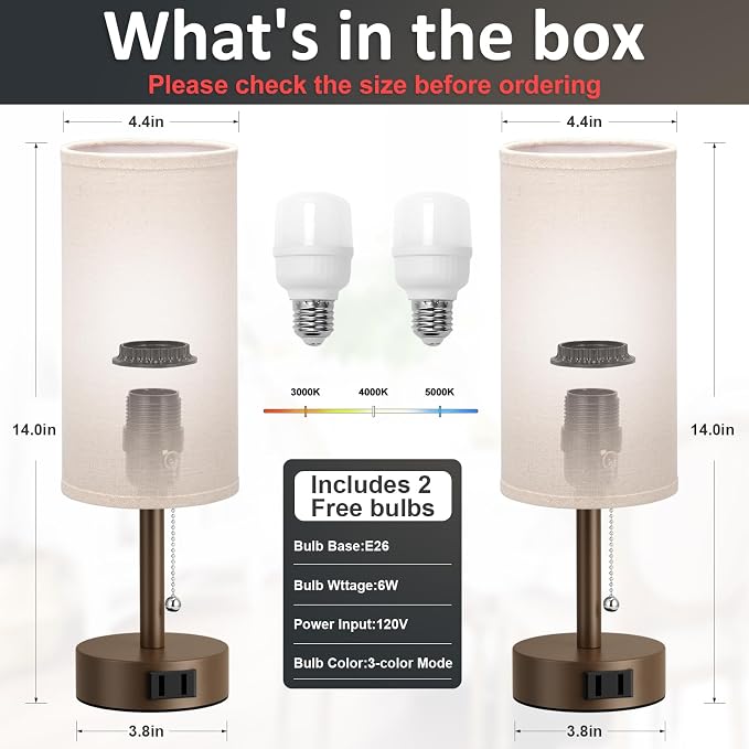 Fenmzee Brown Bedside Table Lamps Set of 2-3 Color Temperatures Pull Chain Lamp with AC Outlet Charging Port, Small Round Night Stand Lamps for Bedroom, Bed Side Light with E26 LED Bulbs