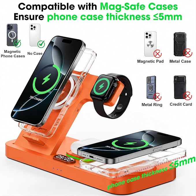 Dual Phone Wireless Charging Station for Apple Devices, Magnetic Charging Station for iPhone with Auto Switch 7-Color Light&Clock,Family Watch Charger for iPhone17 for iWatch11for AirPods Pro3(Orange)