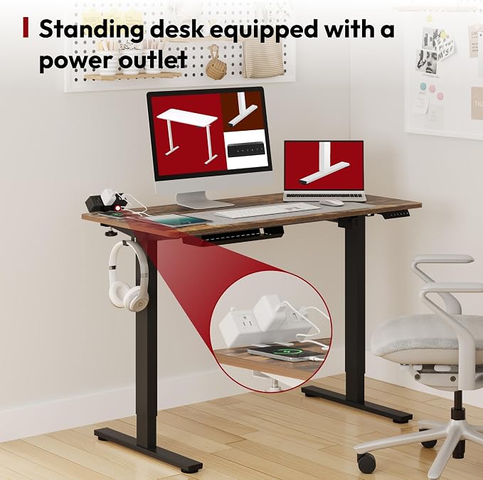 SANODESK Electric Standing Desk with Clamp Power Strip 48"x 30" Whole-Piece Desktop Height Adjustable Stand Up Desk with Cable Management Sit Stand Home Office Black Frame/Rustic Brown Top