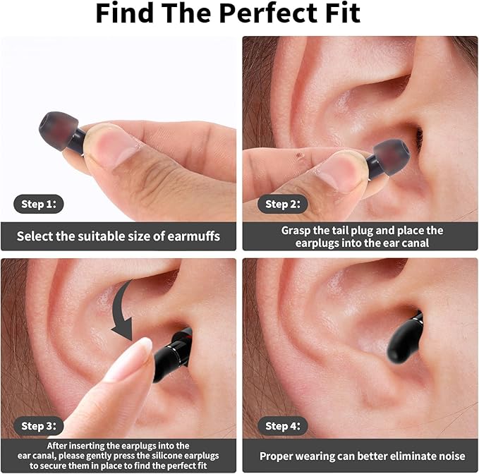 EarPlugs for Sleeping Noise Cancelling, Reusable Silicone Ear Plugs, Noise Reduction Earbuds for Travel, Concerts, Deep Focus, Hearing Protection Headphones, 85% 40dB Noise Reduction (Black)