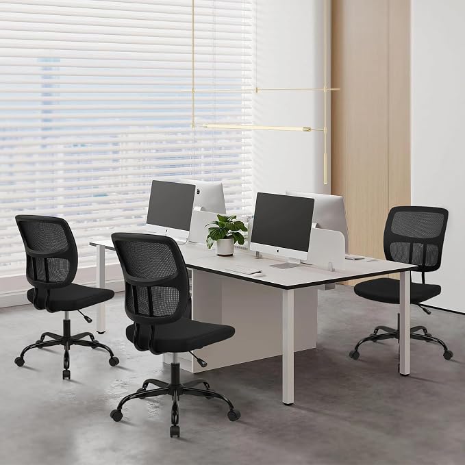 CLATINA Armless Home Office Chair, Small Ergonomic Mesh Back Desk Chair with Lumbar Support and Wheels, Adjustable Height 360° Swivel Rolling Computer Chair for Conference Waiting, Black, 2Pack
