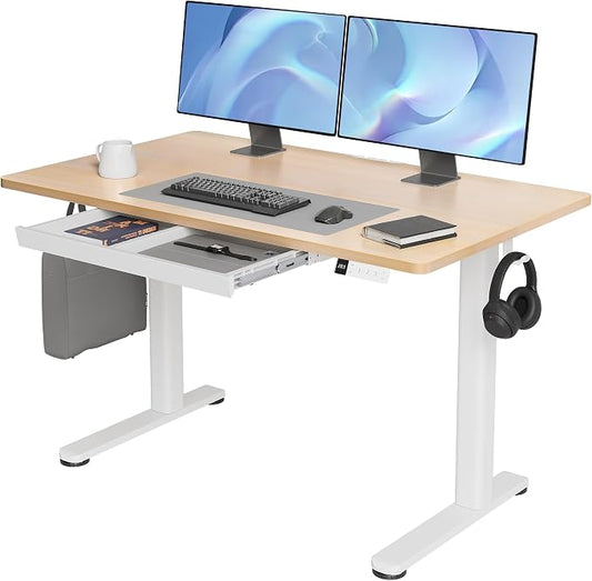 Claiks Electric Standing Desk with Drawers 48 x 24 Inch Natural | Sturdy steel frame supports 176 Lbs, Waterproof desktop with wire holes, 25.6 x 11.8 Inch plastic drawer fits 14 Inch laptop