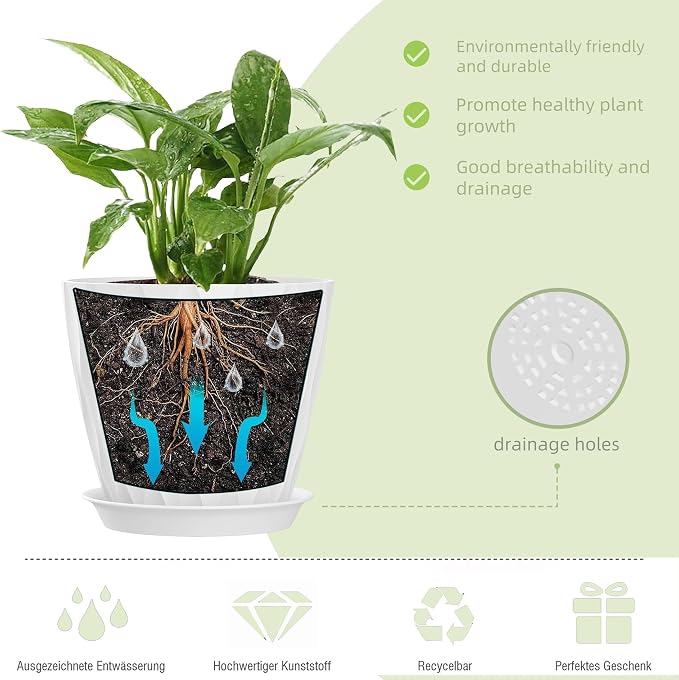 7 Inch Plant Pots 5 Pack, Flower Planters with Drainage Holes and Trays,Plastic Pots for Indoor Outdoor Plants,White