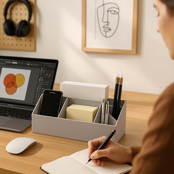 Bigso Elisa Desktop Organizer | Durable Office Desk Organizer for Office Supplies and Accessories | Desk Organizer with 7 Compartments for Customizable Organization | 13.1”x4.9”x4.9” | Ash