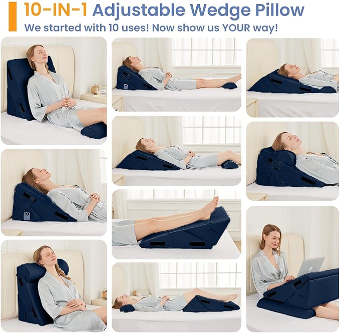 Sasttie Adjustable Wedge Pillow Set for After Surgery, Navy | Bed Wedge Pillow Headboard with Memory Foam Neck Cushion, for Acid Reflux, Sleeping, Neck & Back Support