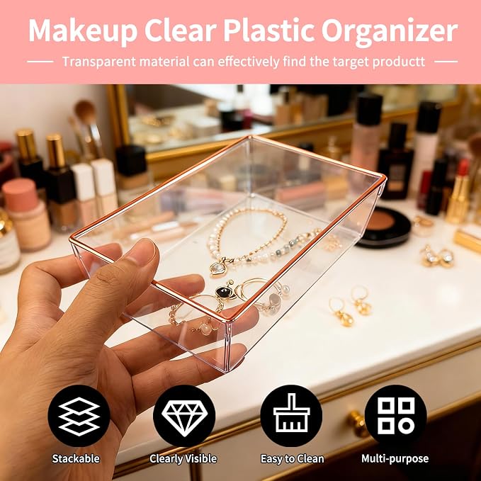 4 Pack Large Size Clear Stackable Drawer Organizer Trays, Rose Gold Rim Makeup Drawer Storage Tray Divider, Desk Storage for Makeup, Jewelry, Bathroom, Stationary, Kitchen Utensils and Office Desk