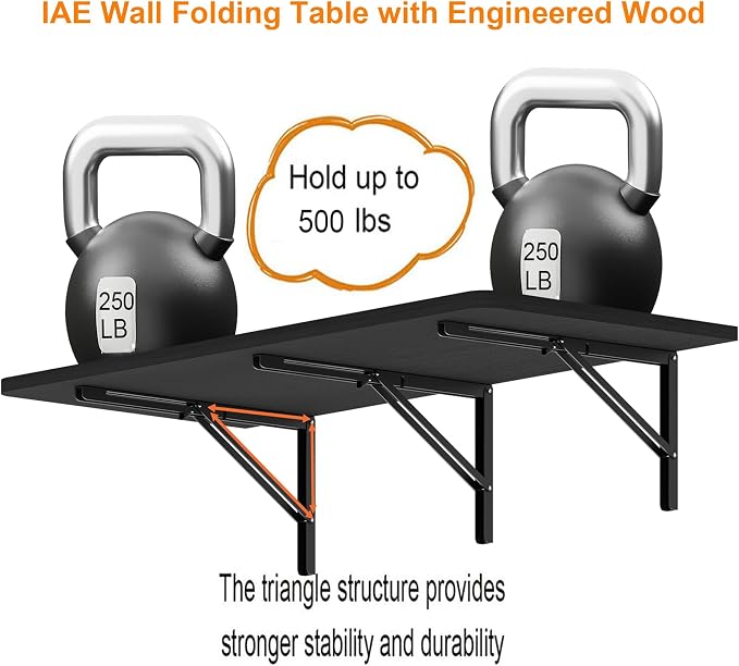 IAE 55" x 22" Floating Foldable Desk,Wall-Mounted Folding Computer Table with Engineered Wood,Study Table with Shelf Brackets,Fold Down Shelf,Fold Computer Desk for Small Spaces,Holds 500 lb,Black