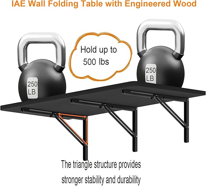 IAE 48" x 22" Floating Foldable Desk,Wall-Mounted Folding Computer Table with Engineered Wood,Study Table with Shelf Brackets,Fold Down Shelf,Fold Computer Desk for Small Apartment,Holds 500 lb,Black
