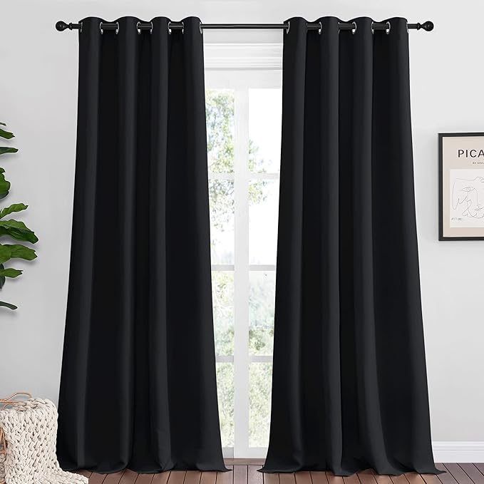 NICETOWN Patio Blackout Curtain Shades - Summer Home Decoration Thermal Insulated Grommet Blackout Draperies/Drapes for Kitchen (2 Panels, 55 inches x 96 inches, Black)