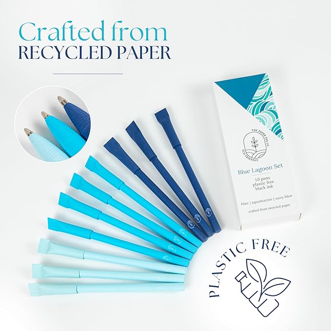 eco-friendly pen - crafted from 100% recycled paper, plastic-free, black Ink, pack of 10, Blue Lagoon set