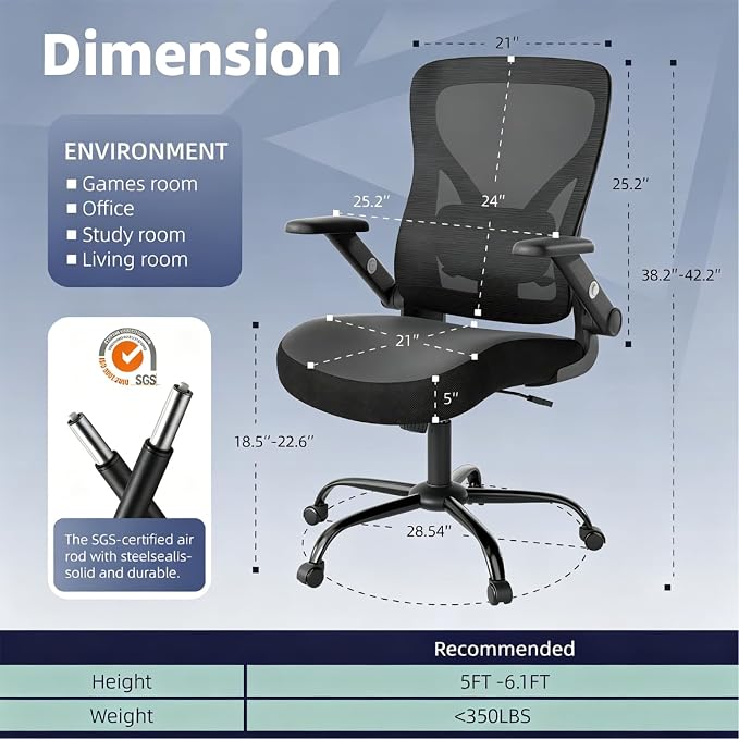 ralex-chair Ergonomic Office Chair with Adjustable Lumbar Support 350lbs | Desk Chair with with 3D Flip-up Armrest,Computer Chair with Mesh Back& PU Leather Seat, Comfortable for Office,Home