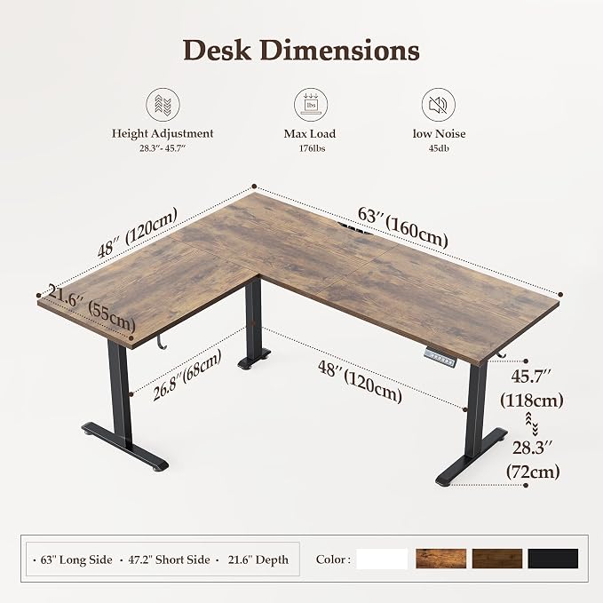 Klicelor L Shaped Standing Desk 63 x 48 Inch, Electric Height Adjustable Corner Desk for Home Office Workstation, Ergonomic Sit to Stand Computer Table with Memory Controller, Rustic Brown