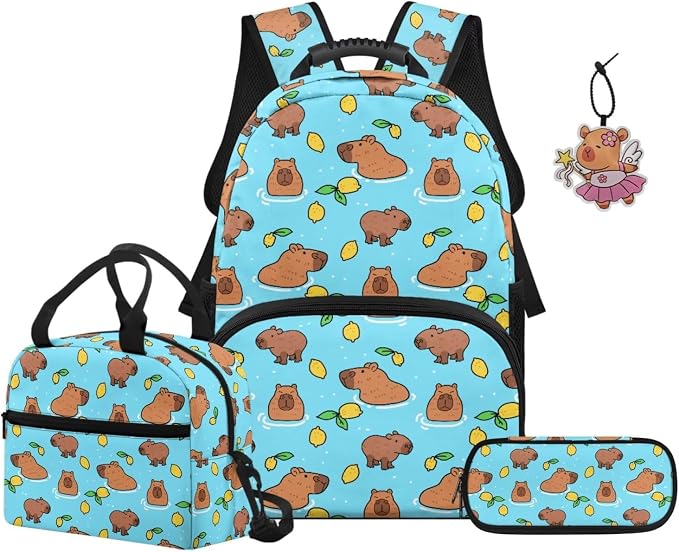ZFRXIGN Little Capybara Kids Backpack for Boys 8-12 10-12 Bookbag with Cute Pendant 17inch Girls School Bag and Insulated Lunch Box Pencil Case Blue Bagpack Set