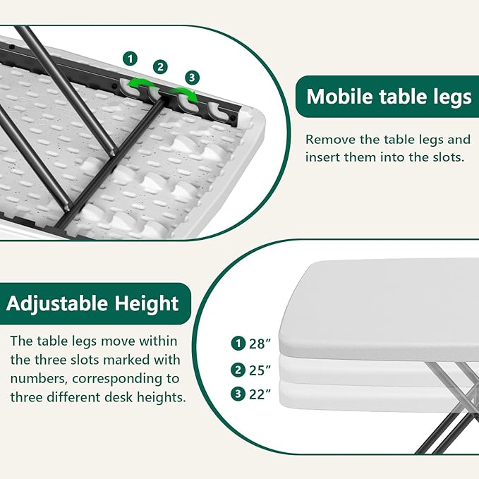30 Inch Folding Table Set of 2, Adjustable Height TV Tray for Small Spaces, Heavy Duty Foldable Utility Table for Laptop, Dining, Camping, No Assembly, 200 lbs Capacity, White Granite
