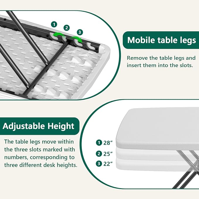 Folding Table 30 Inch -2Pack, Small Desk Adjustable Height TV Tray for Laptop, Couch, Camping - Heavy Duty Utility Foldable Table for Small Spaces, No Assembly Required, White Granite