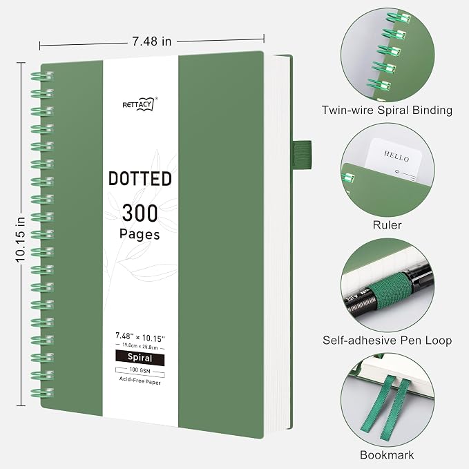 RETTACY Dotted Journal Notebook, 300 Pages, B5 Medium Size (7.4'' × 10''), 100 GSM Thick Paper, Flexible Plastic Cover, Spiral-bound, for Journaling, Planning, Tracking (Dark Green)
