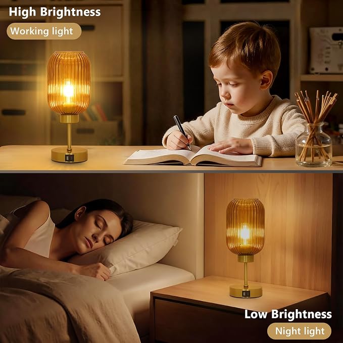 LAMSU Vintage Gold Touch Table Lamp, Small Desk Lamp with Amber Glass Shade, Bulb, Charging Port, Mid Century Modern Bedside Lamp, 3 Way Dimmable Nightstand Lamp for Bedroom Living Room Home Office