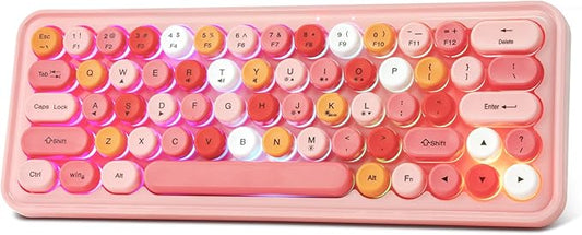 Wired RGB Creamy Typewriter Keyboard. 65 Percent Retro LED Membrance Gaming Keyboard. Small Ergonomic Optical Teclado with ABS Backlit Unreplaceable Round Keycaps. for Laptop and Office PC. (Pink)