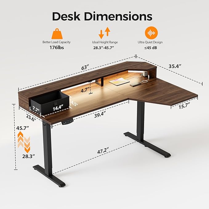 Agilestic 63 Inch L Shaped Electric Standing Desk with Shelf, Height Adjustable Large Desk with Power Outlets & LED, Corner Sit Stand Up Table with Monitor Stand, Computer Workstation, Dark Walnut