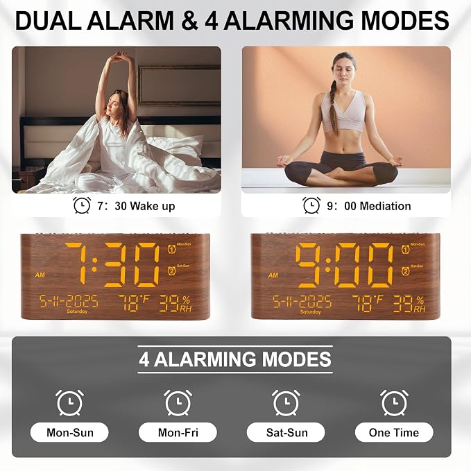 PPLEE 8.7-Inch Large Display Digital Alarm Clock, Dual Alarms & 2 USB | Day, Date, Temperature & Humidity Display, Adjustable Brightness, Snooze and Dual USB Charging for Bedroom and Heavy Sleepers