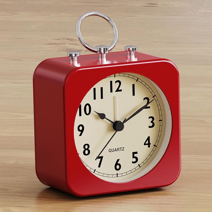 AYRELY® Small Metal Alarm Clock, Desk and Table Clock for Travel | Battery Operated Retro Silent Clock with Light for Bedroom, Bedside, Shelf and Living Room Decor (Red)
