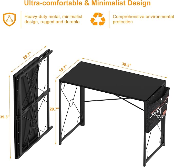 VECELO 39 Inch Folding Desk Simple Assembly, Writing Computer Desk for Home Office Study Office Foldable Table for Small Spaces,Classic Black,2 Set