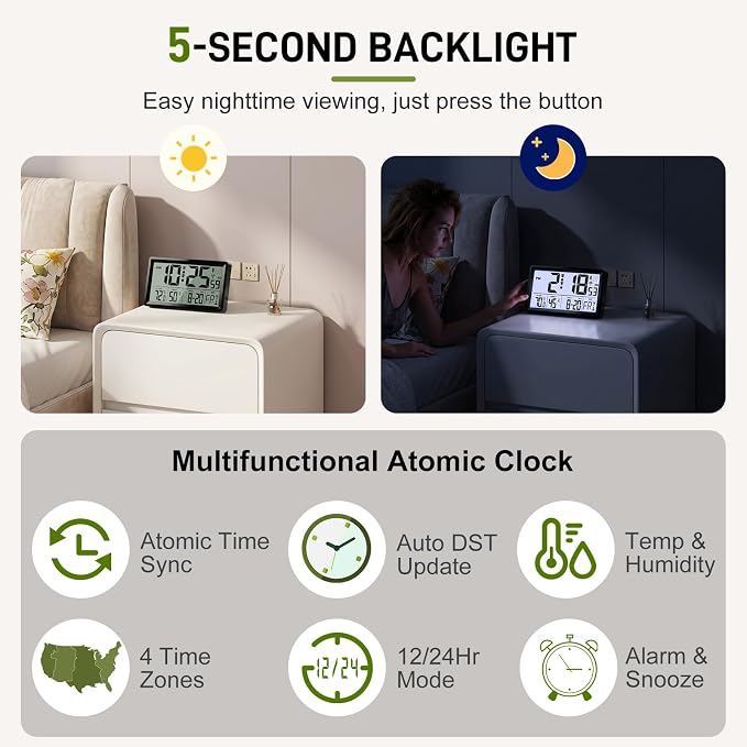 Atomic Clock Alarm Clock with Backlight, 8.7″ Battery Powered Clock Auto DST Self-Setting, Digital Wall Clock with Indoor Temperature Humidity, Snooze for Bedroom Office