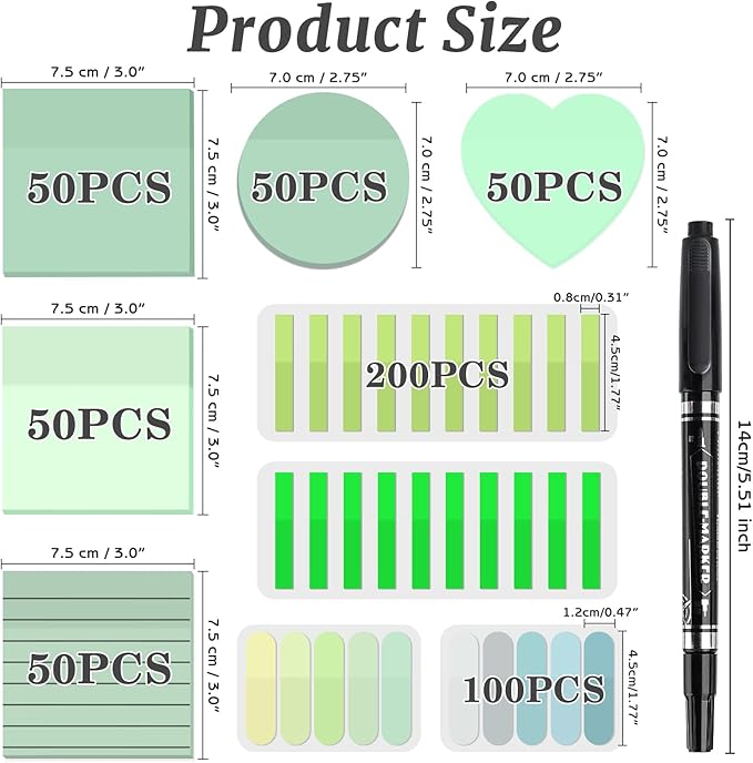 850 Sheets Transparent Sticky Notes, 3 x 3 Inch Clear Sticky Notes with Marker Pen for Bible, Waterproof Self-Adhesive Annotation Tabs, Gradient Color Note Pads for School Office (Green)