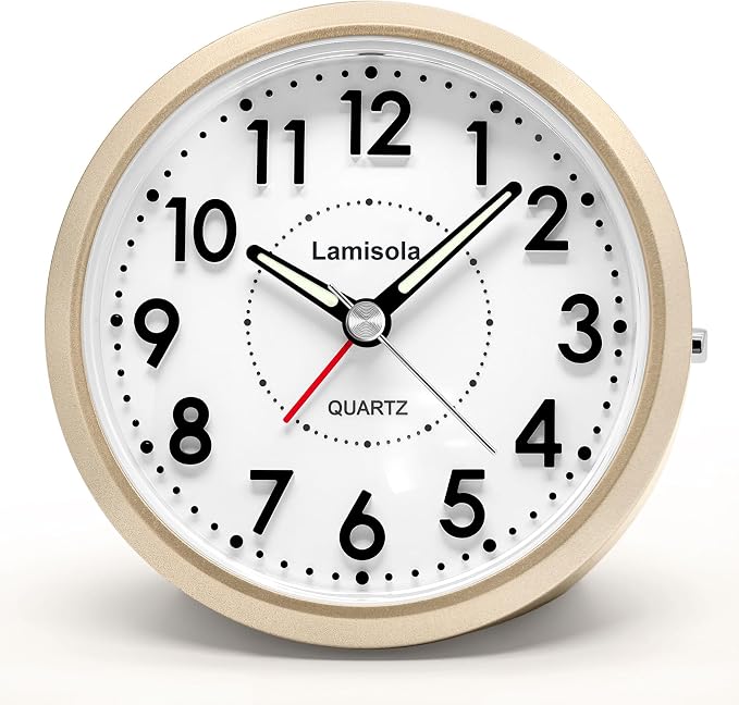 Lamisola 4 Inch Alarm Clock for Bedrooms, Small Analog Desk Clock, Gold | Battery Operated Bedside Clock for Bedroom Bathroom Home Nightstand Shelf, Night Light Snooze, Minimalist Clocks for Seniors