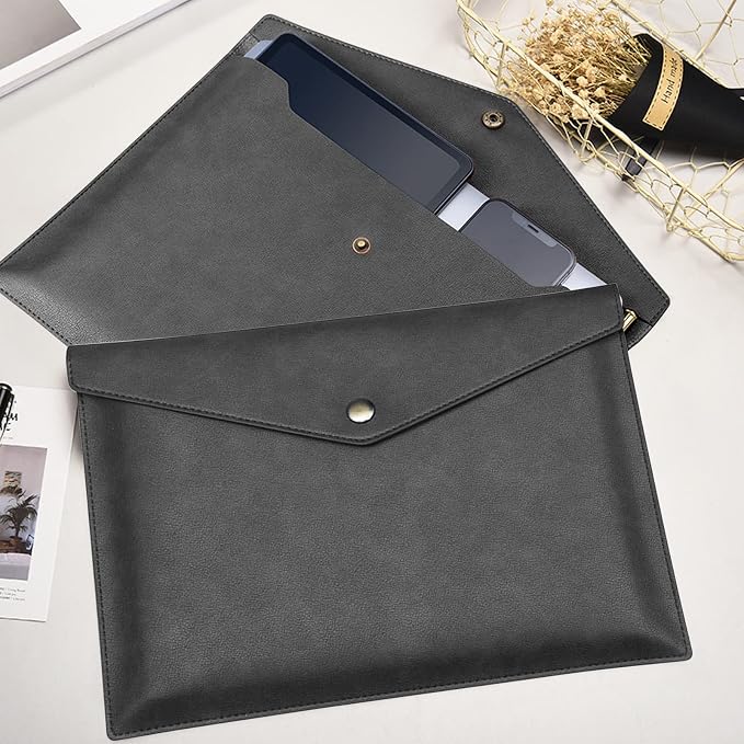 VANRA 1 Piece PU Leather File Folders A4 Document Holder File Envelope Waterproof Portfolio Filing File Organizer for Letter Size with Snap Button Closure, Black
