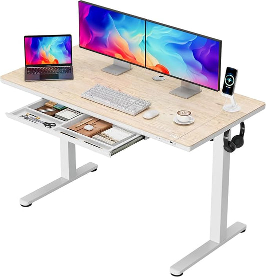 Furmax One-Piece Electric Standing Desk Height Adjustable Sit Stand Desk | with Drawers & USB Charging Port for Home Office Computer Desks (Bamboo Desktop, 48 Inch)
