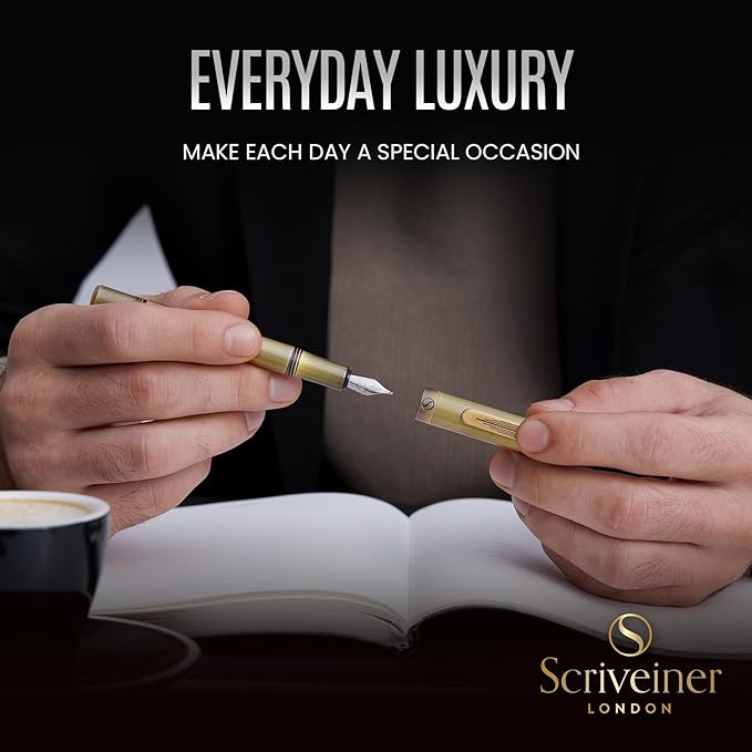 Scriveiner Luxury EDC Fountain Pen (Fine), Bronze Pocket EDC with Hand Brushed Finish, Schmidt German Nib Converter, Best Writing Gift Set for Men & Women, Fancy Pen for the Office & Journaling