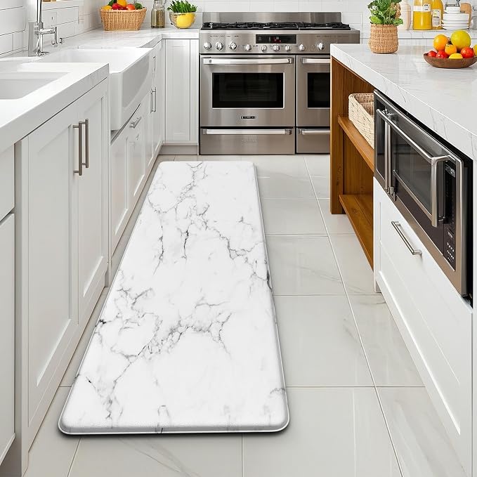 Marble White Kitchen Mats for Floor, Long Cushioned Anti Fatigue | Extra Long Coverage,Cushioned Comfort,Non-Slip Backing,Waterproof Surface,Soft Underfoot,Easy Clean,Kitchen Island