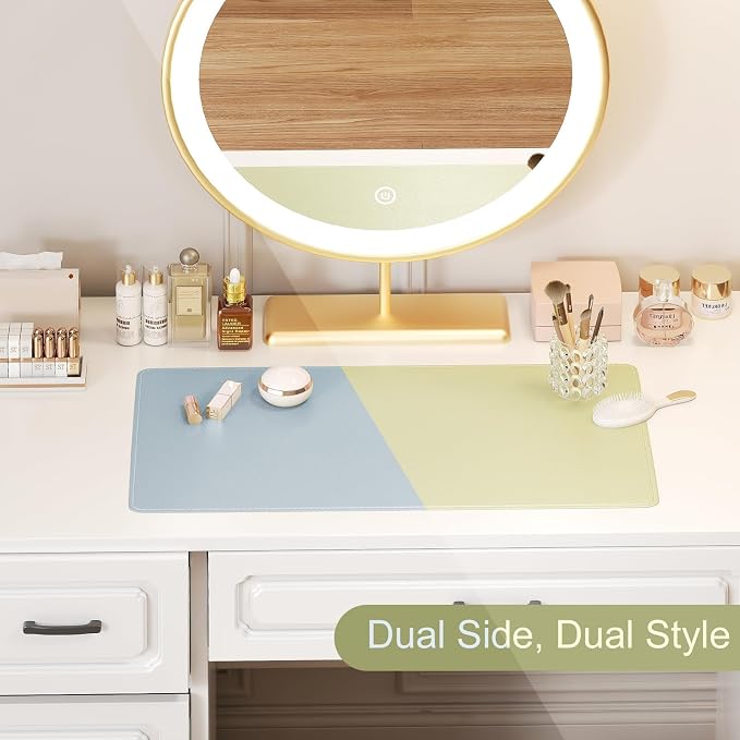 Makeup Mat, Dual-Sided Waterproof Vanity Protector Mat, Non-Slip PU Laptop Pad, Large Mouse Mat, Dresser Cover Accessories, Writing Desk Pad for Office and Home Decor, Green 23.6x11.8in