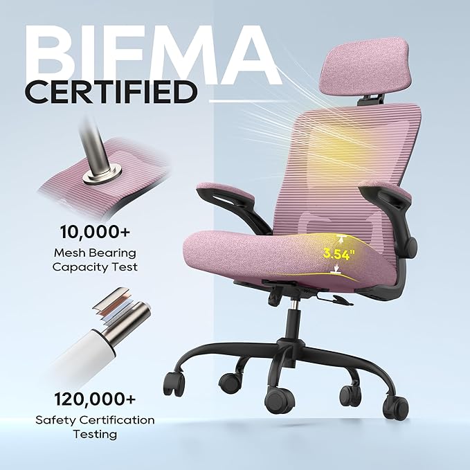 Ergonomic Office Chair, High Back Mesh Desk Chair with Adjustable Lumbar Support & Headrest, Flip-up Armrest, Computer Task Chairs for Home and Executive Office (B-Light Purple)