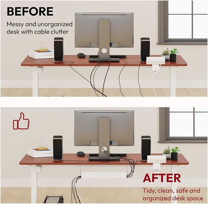 SANODESK Electric Standing Desk 55"x 28" with Clamp Power Strip - Height Adjustable Whole-Piece Desktop, Cable Management, Sit Stand Home Office - White Frame/Mahogany Top