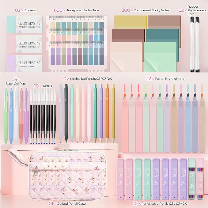 WOBAGMEN 62PCS Aesthetic School Supplies with Quilted Pencil Case, Pastel Highlighters, Gel Pens Mechanical Pencils Set, Cute Back to School Supplies, College Essentials (Purple Patchwork, M)