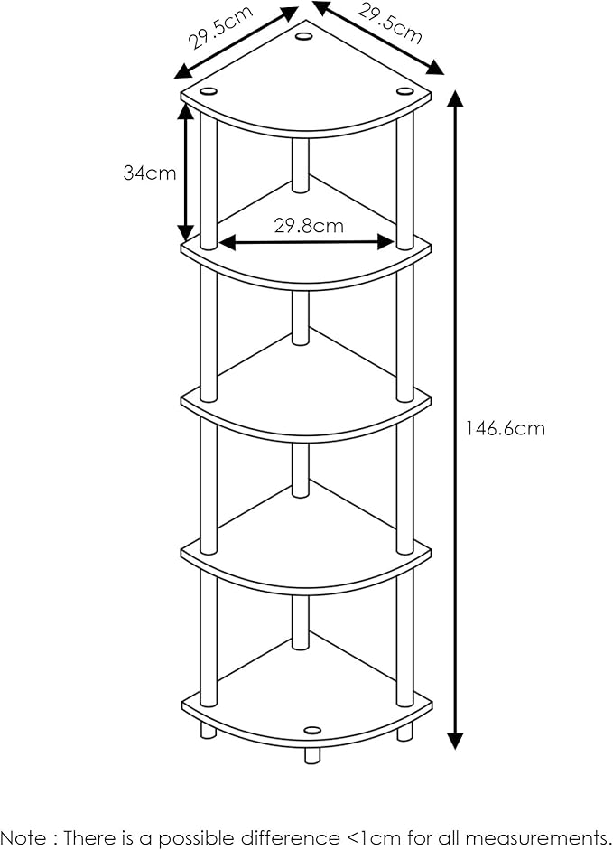 Furinno TURN-N-TUBE Corner Shelf, 5-Tier Corner Bookshelf, Open Storage Shelves, for Organization and Storage, Living Room, Home Office, Garage, Bedroom, French Oak