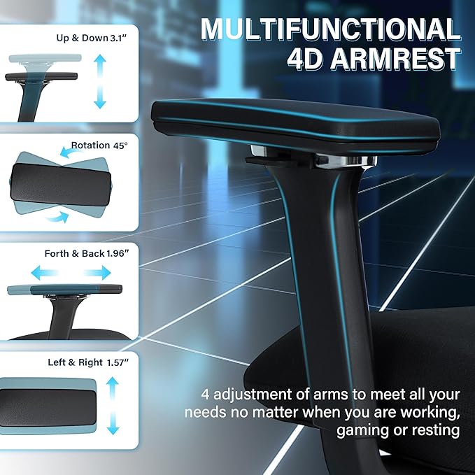 Ergonomic Office Chair with Retractable Footrest, Black | High Back Design, Dynamic Lumbar Support, 2D Headrest & 4D Armrests, Breathable Mesh Back for Home Office