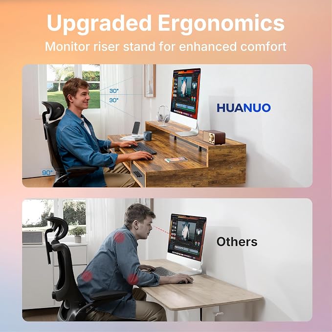 HUANUO 48″ x 26″ Electric Standing Desk with 2 Drawers &24.4″ Large Keyboard Tray, C-Clamp Mount Compatible, Adjustable Computer Desk for Office, Sit Stand Up Desk with 4 Height Presets, Vintage Brown
