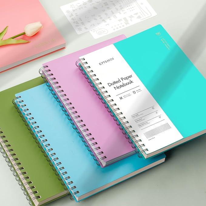 EMSHOI Dotted Journal Spiral Notebook, 300 Pages, A4 Large 8.27"x11.2", 100 GSM Thick Paper, Flexible Plastic Cover, 5mm Dot Grid Notebook for Journaling, Planning, Drawing, Writing, Light Blue