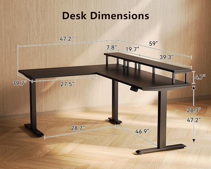 AODK Electric L Shaped Standing Desk with Monitor Stand, 59 Inch Height Adjustable Corner Desk with Power Outlets, Large Sit Stand Table, Reversible Computer Desk for Home, Office, Black